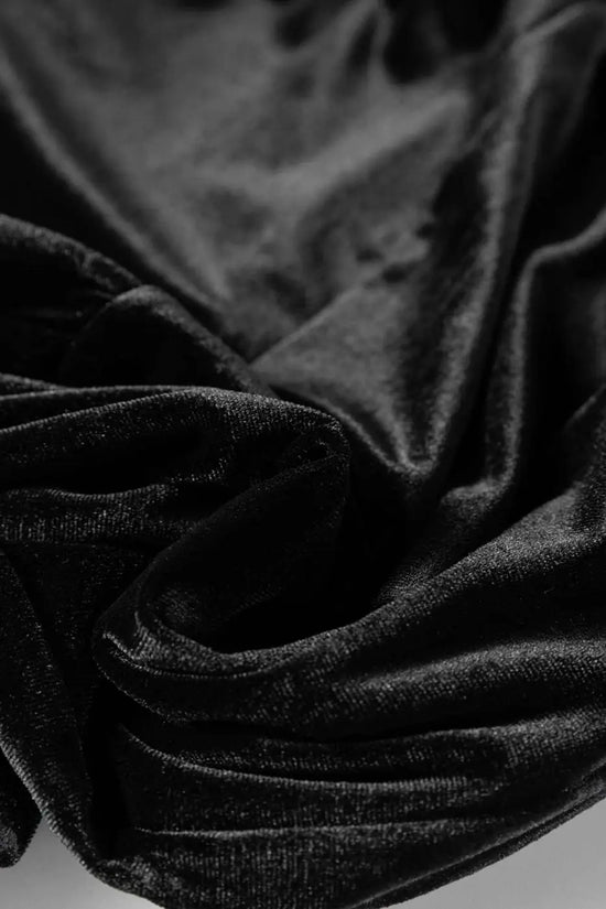 Black velvet straight‑leg drawstring trousers