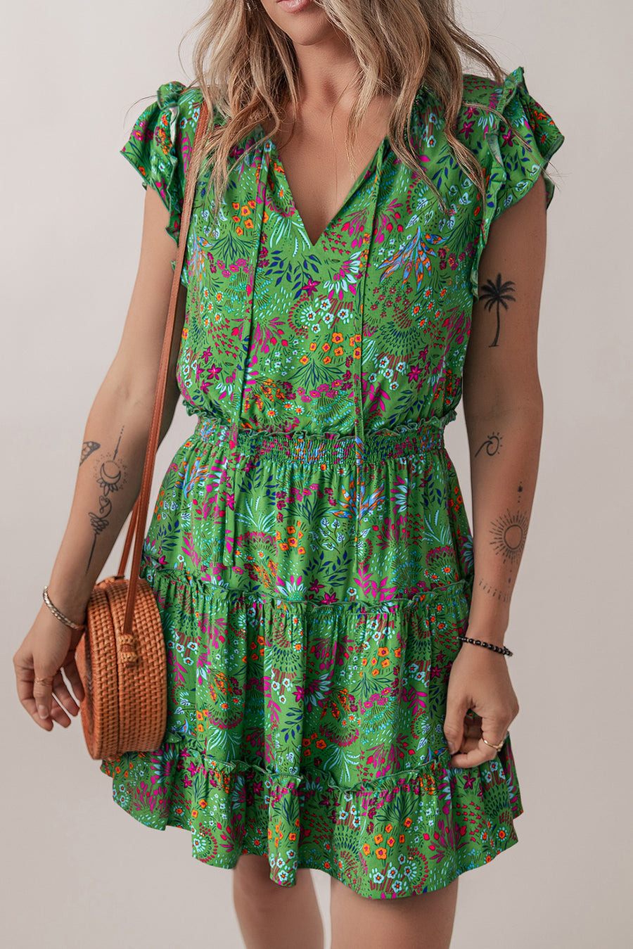 Green Floral Tie Split Neck Ruffle Trim Tiered Dress Women UK