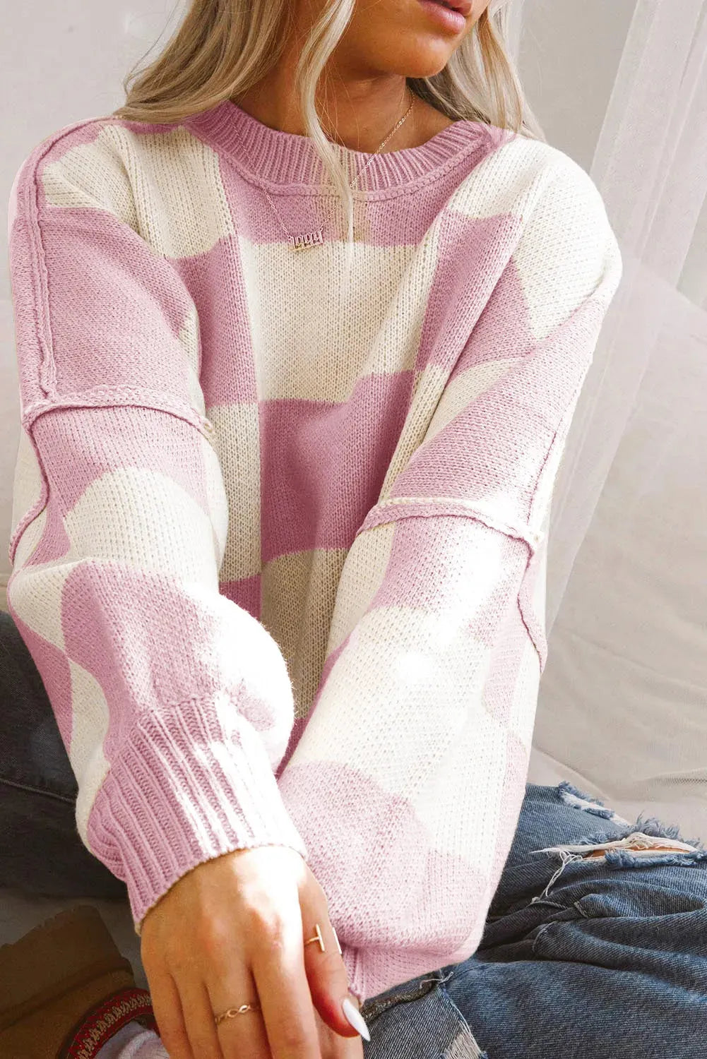 Pink Checkered Bishop Sleeve Sweater - Fashionfitz