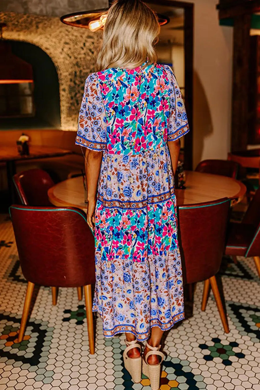 Sky Blue Mixed Floral Tie Split Neck Short Sleeve Dress Women UK