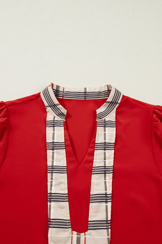Red Tartan Fusion V‑Neck Blouse