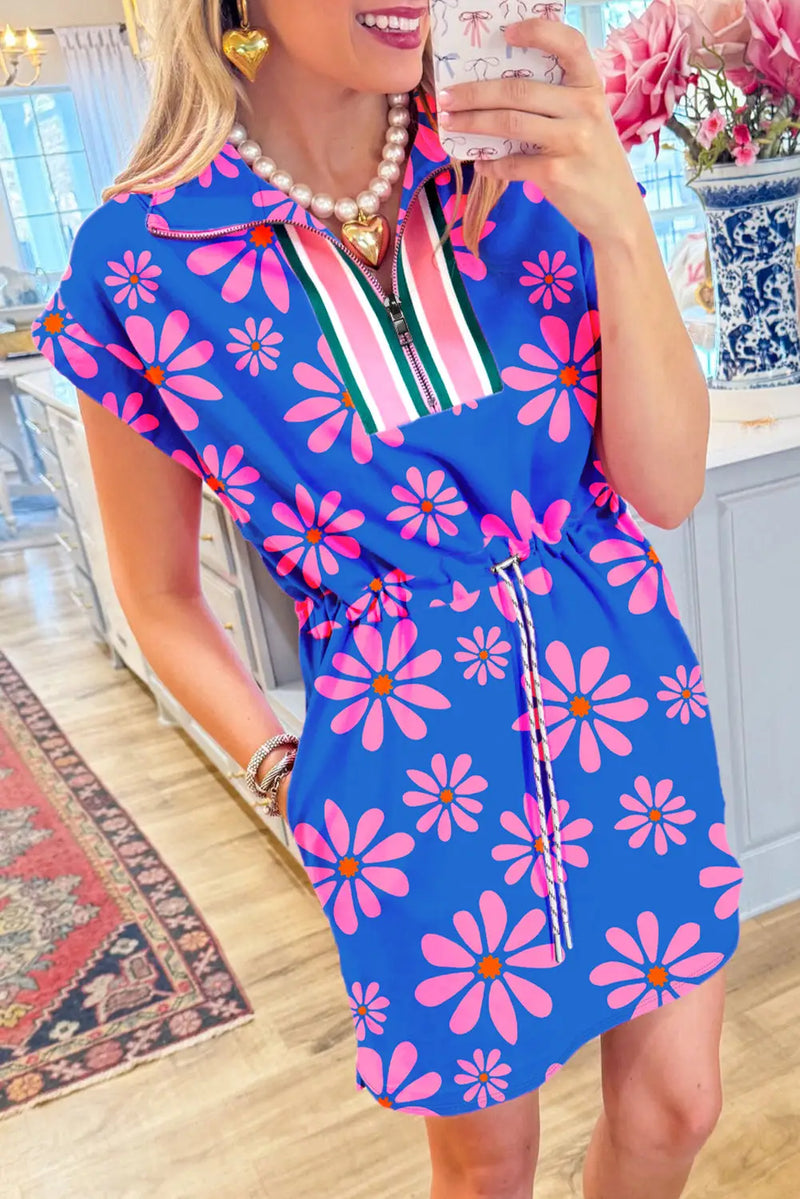 Purple Floral Quarter Zip Drawstring Waist Mini Dress Women UK