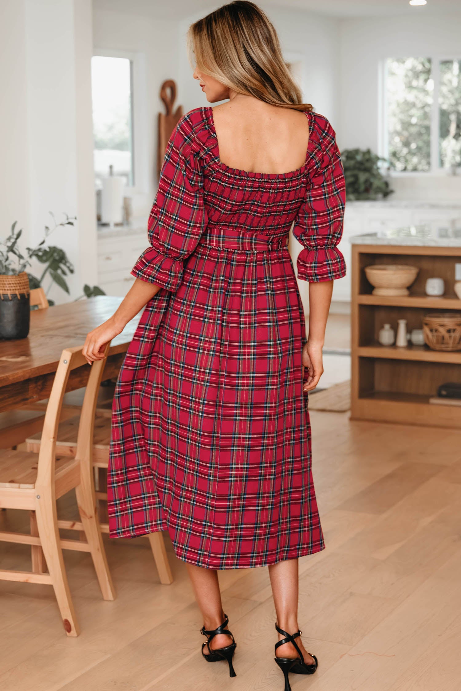 Red Green Tartan Plaid Flared Midi Dress