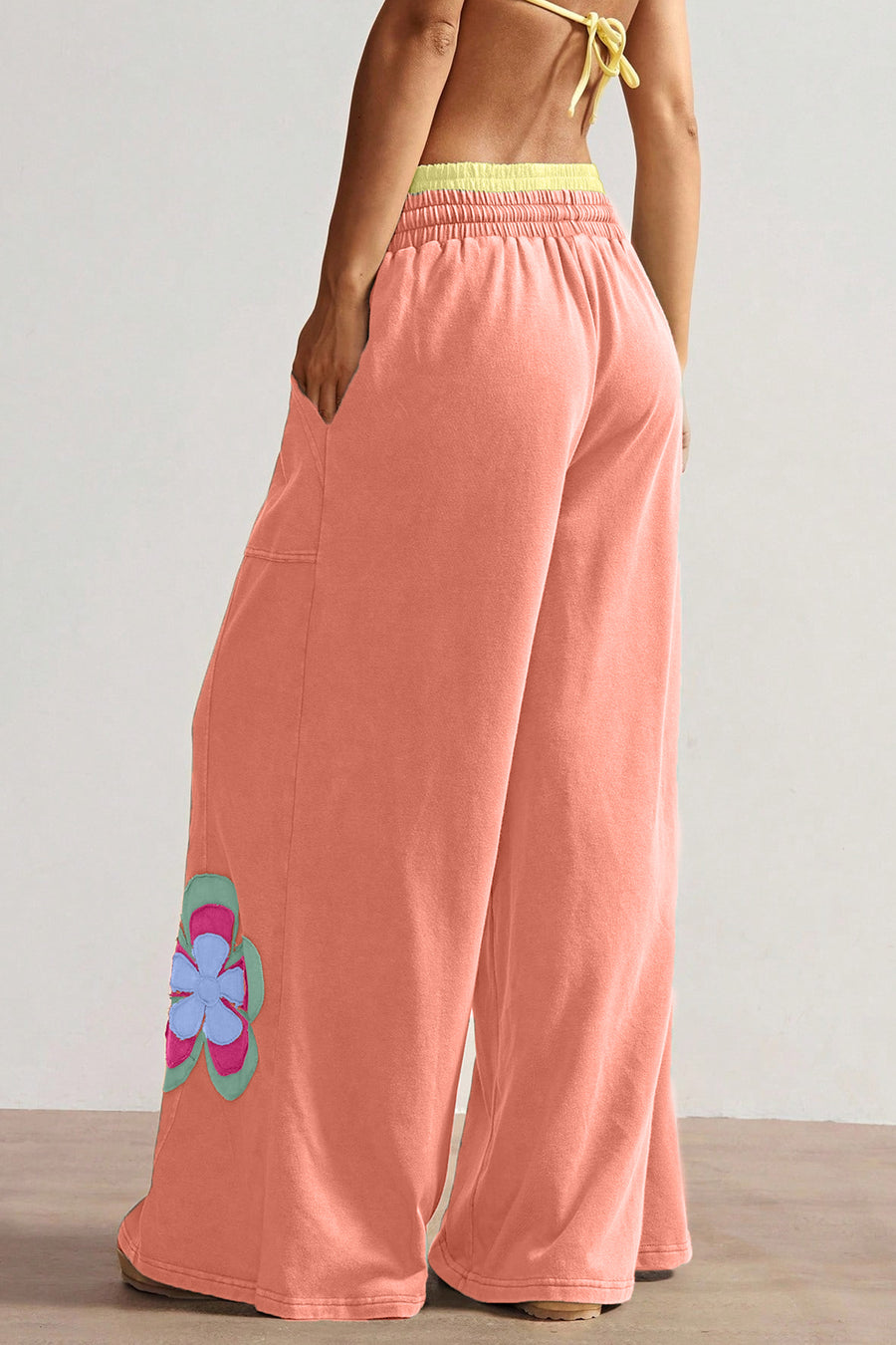 Sky Blue Color Block Flower Patchwork Drawstring Contrasted Elastic Waist Wide Leg Pants