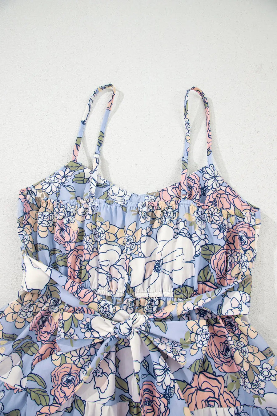 Sky Blue Floral Tiered Spaghetti Strap Vacation Dress Women UK — model shot