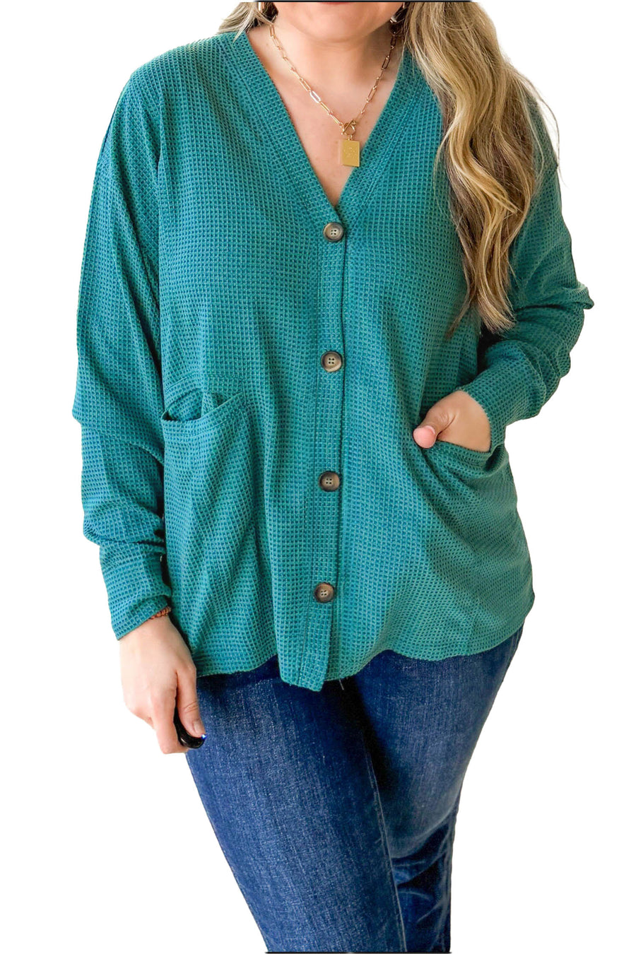Plus Size Waffle Tunic V Neck Button Cardigan Women UK