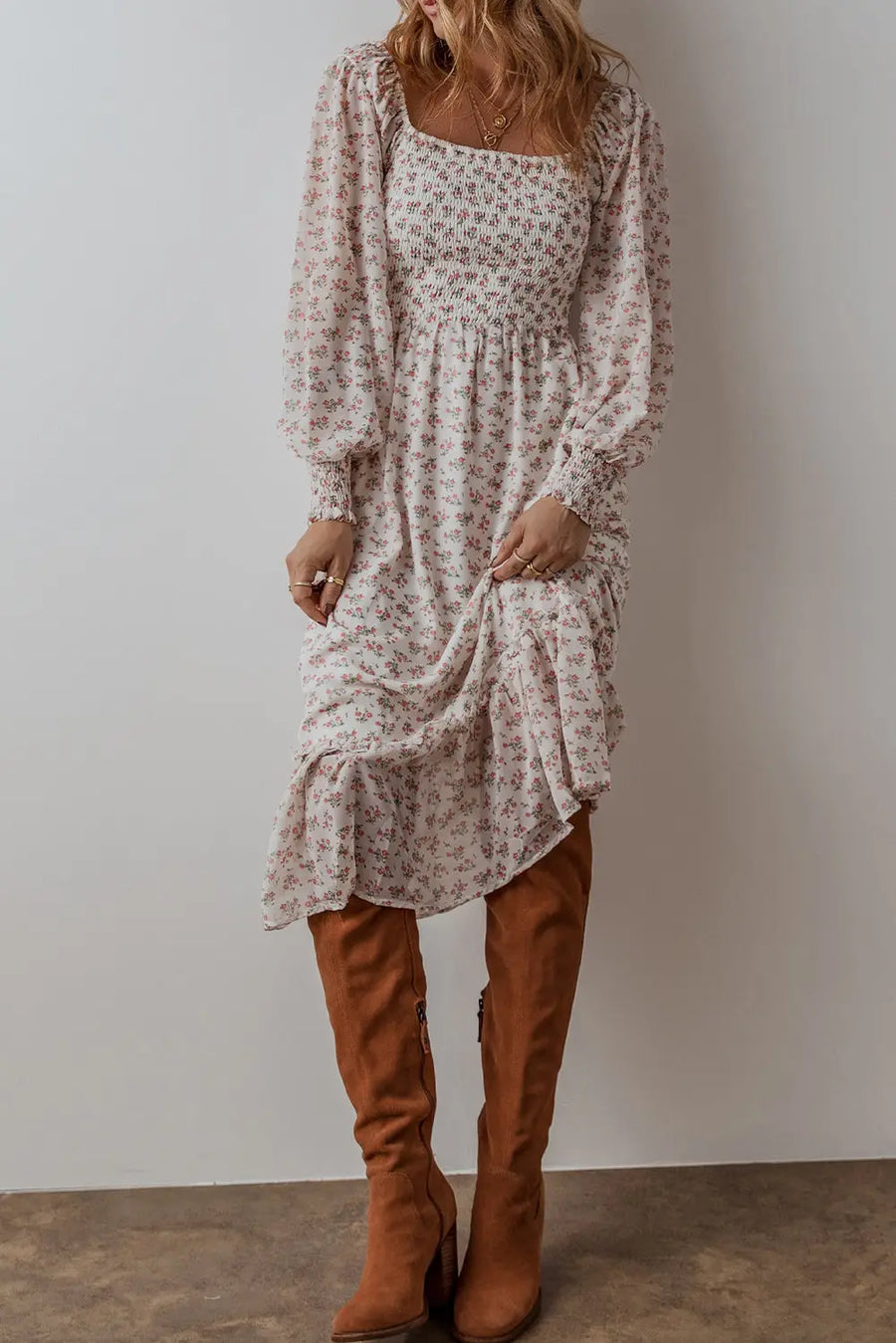 White Floral Shirred Square Neck Ruffled Hem Midi Dress Women UK