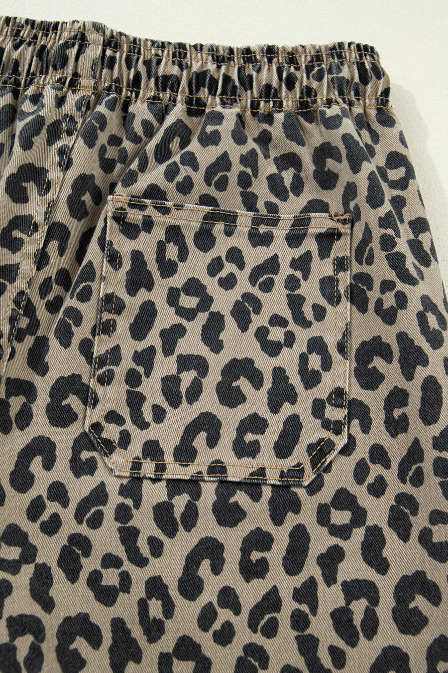 Leopard Print High Waist Drawstring Elastic Waist Loose Denim Jeans with Pockets