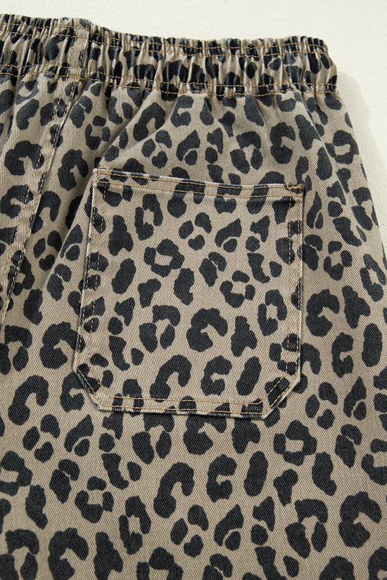 Khaki leopard print drawstring elastic waist loose denim pants with pockets