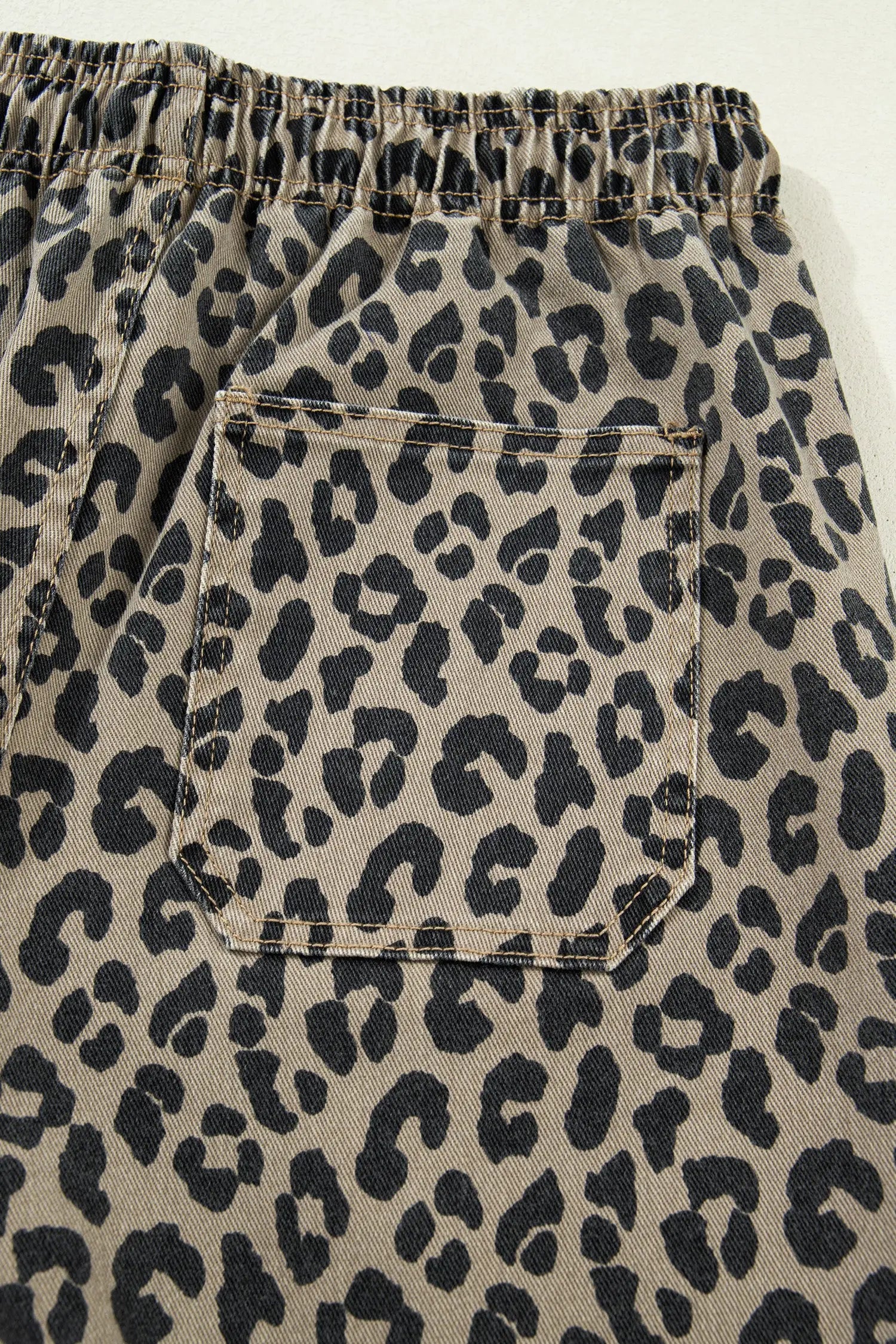 Khaki leopard print drawstring elastic waist loose denim pants with pockets