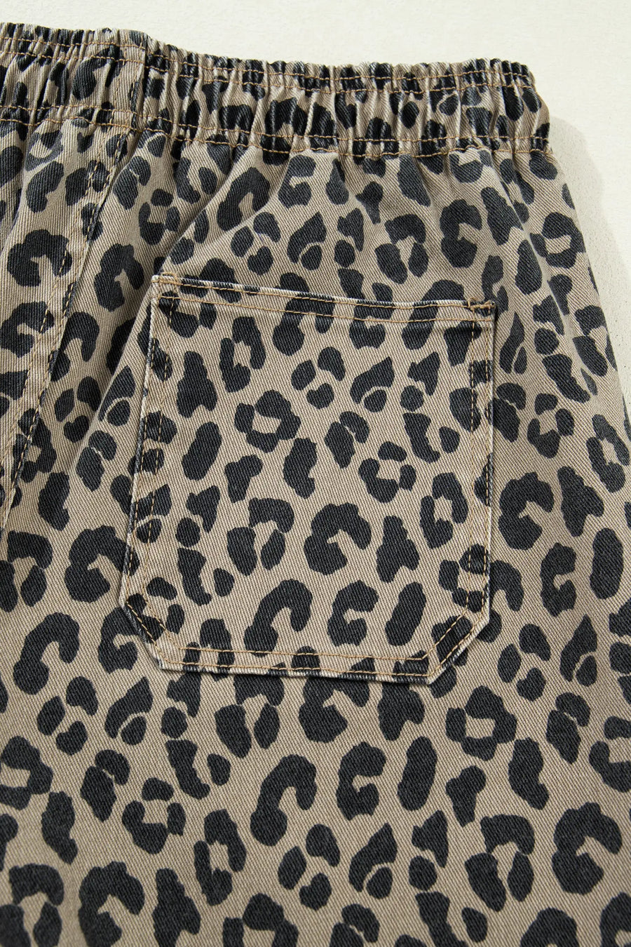 Khaki leopard print drawstring elastic waist loose denim pants with pockets