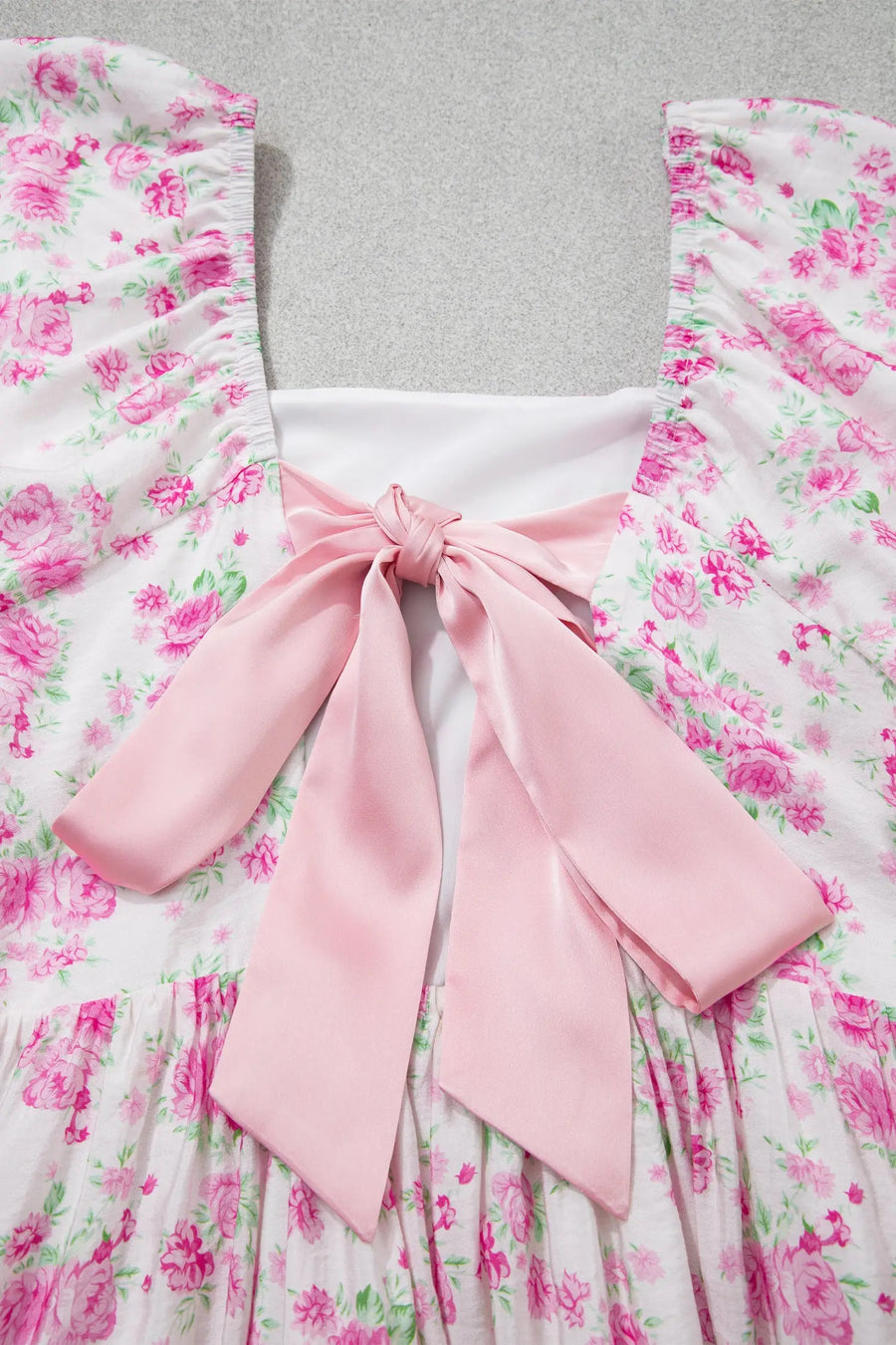 Pink Floral Square Neck Ribbon Knot Back Mini Dress Women UK