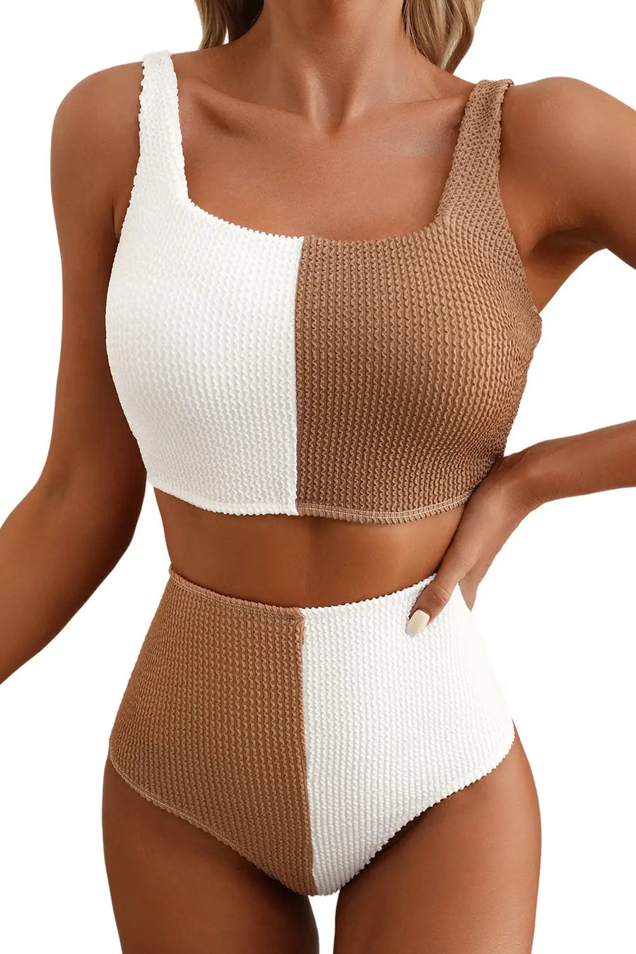 Model wearing white corded colorblock bikini set, high waist bottoms and structured square neck top, side view