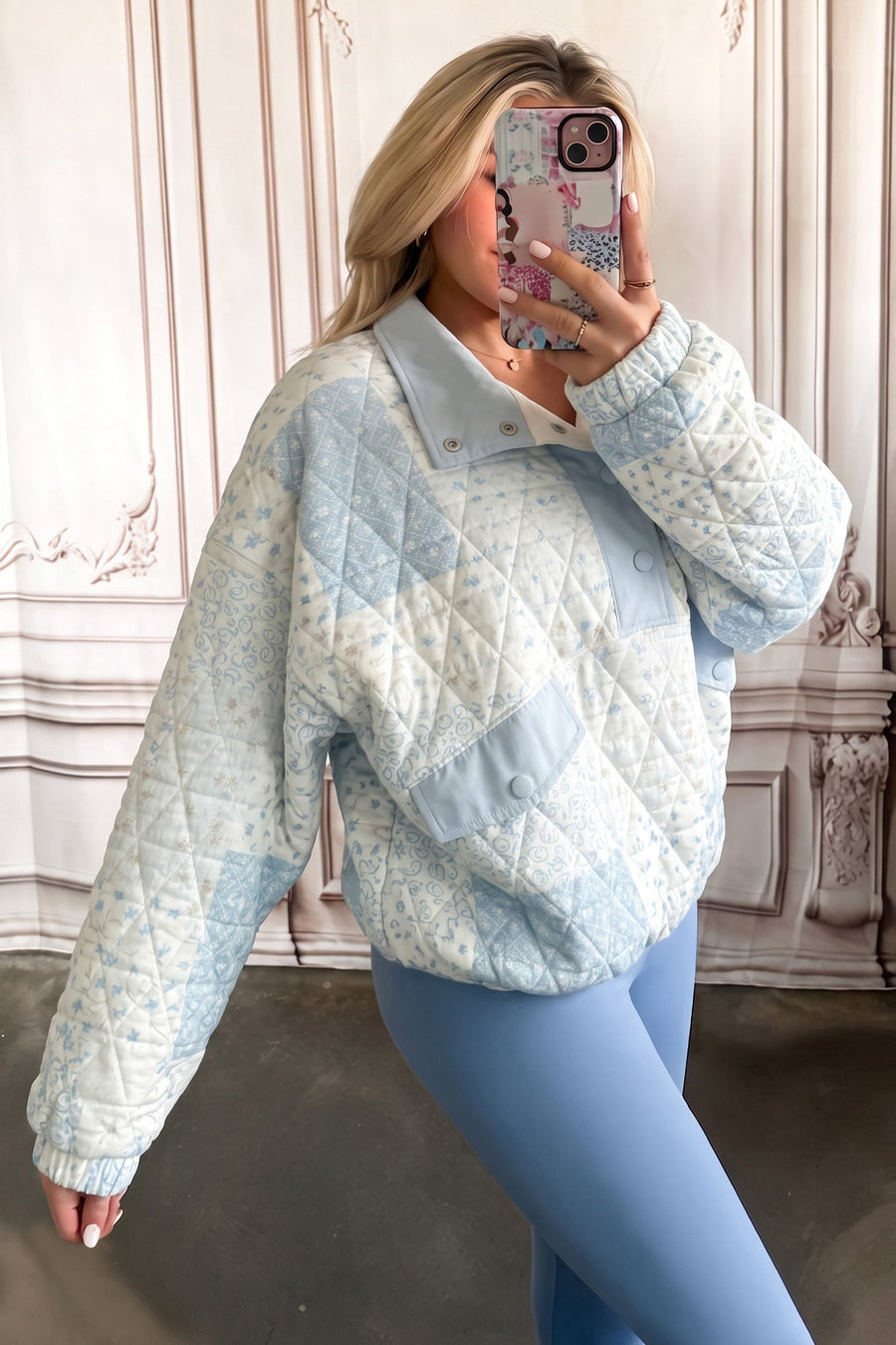 Pink Floral Quilted Half Button Pocketed Pullover Sweatshirt