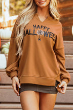 Front view of chestnut Sequin Halloween Top with bold sequin lettering and relaxed fit, perfect for festive fall outfits.