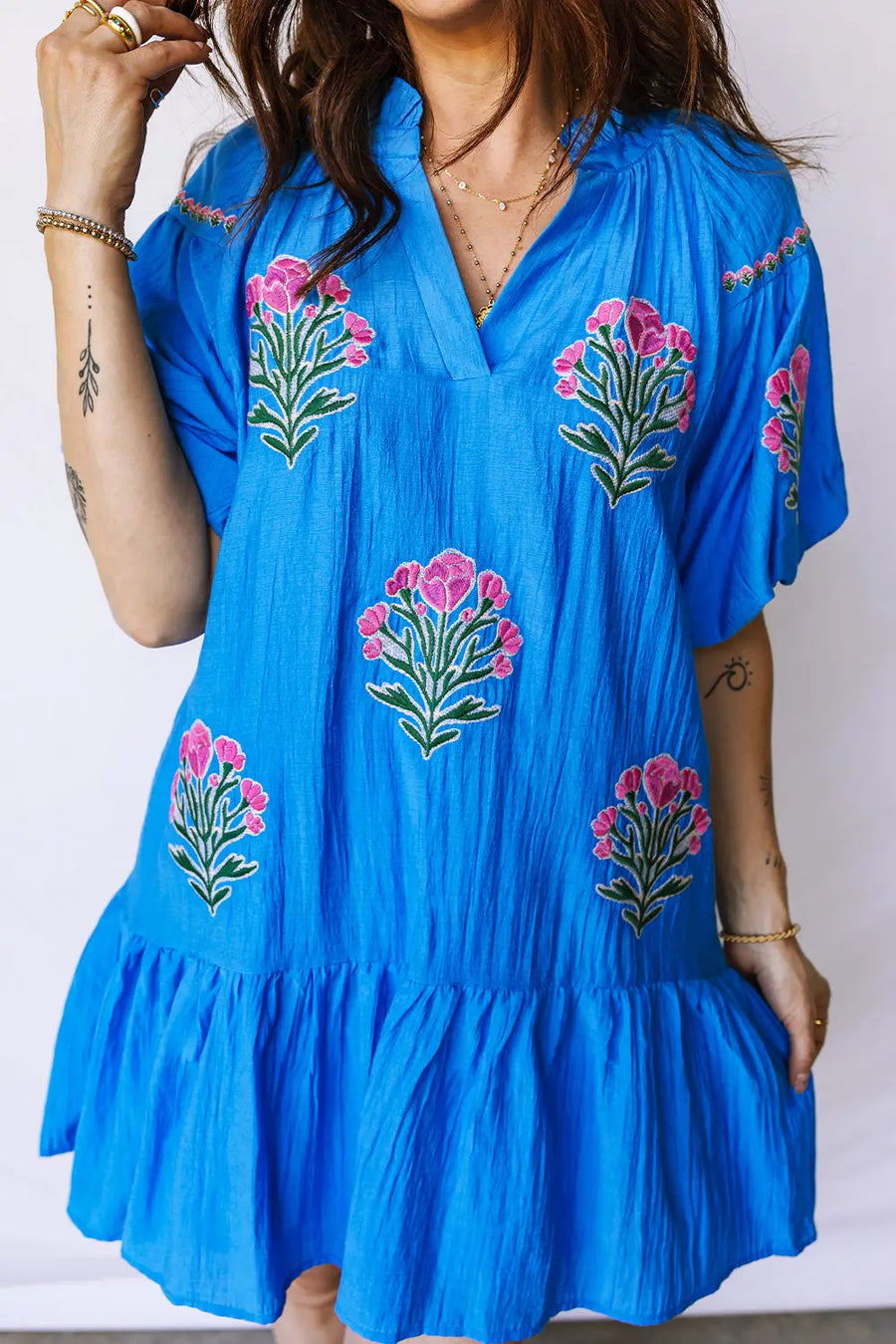 Multicolour Floral Doodle Striped Trim V Neck Midi Dress Women UK