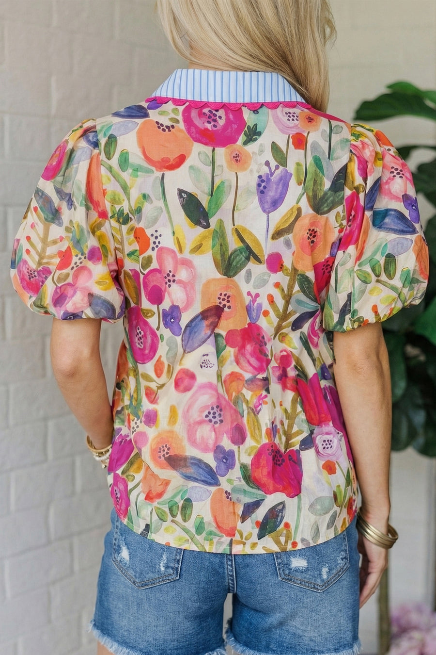 Floral Print V-Neck Puff Sleeve Cotton Blouse Women UK