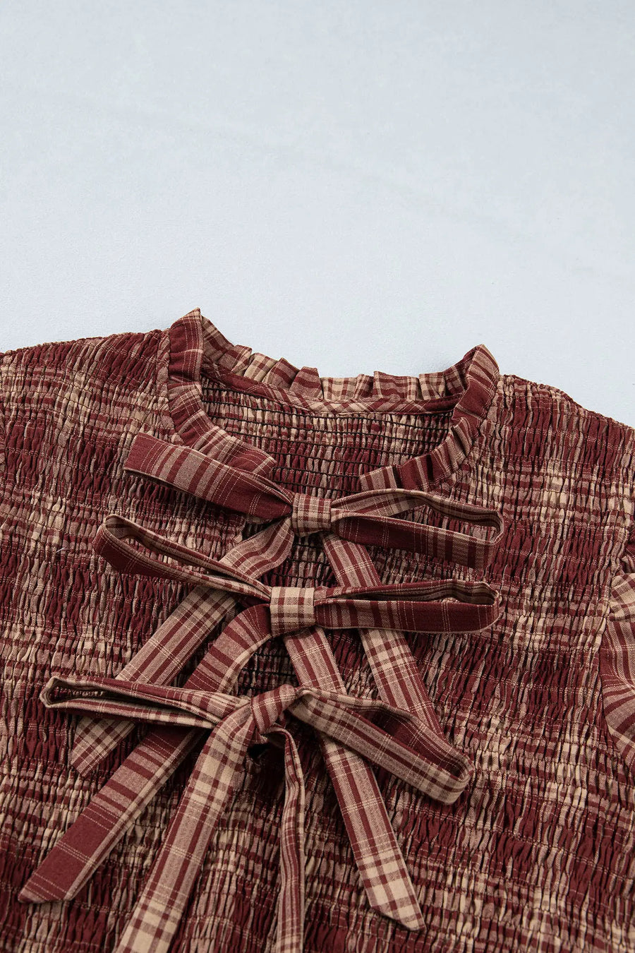 Red Vintage Plaid Knot Front Smocked Midi Dress