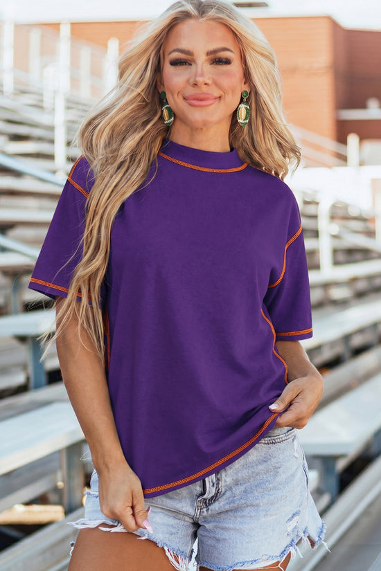 Reversible Contrast Stitch Drop Shoulder High Neck Short Sleeve Tee
