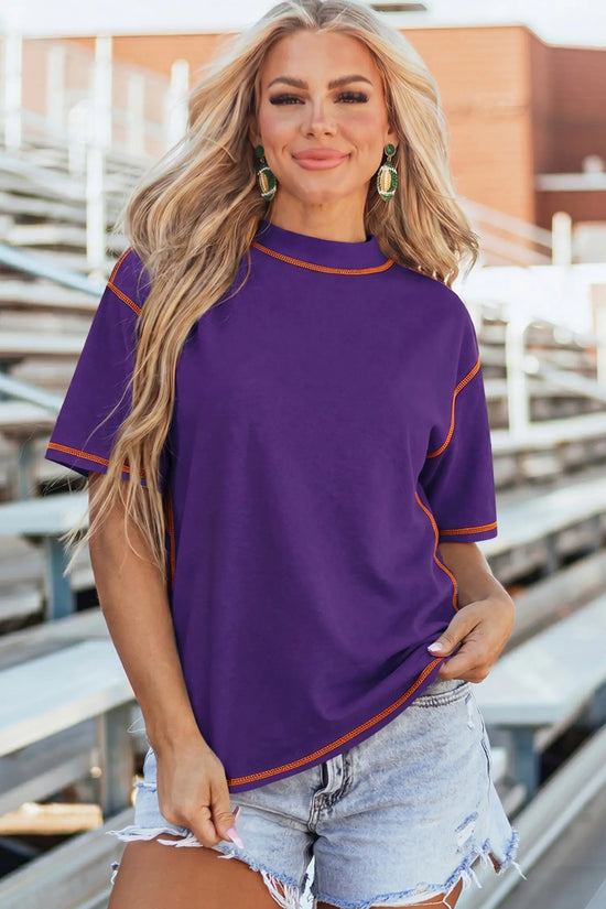 Reversible Contrast Stitch Drop Shoulder High Neck Short Sleeve Tee