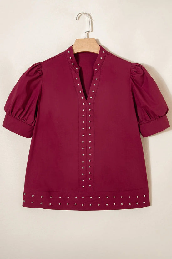 Burgundy rivet blouse — back view, 100% cotton shift fit | Fashionfitz UK