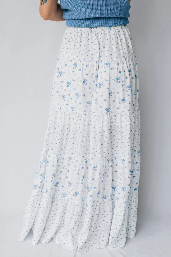 Sky blue tiered floral patchwork boho maxi skirt elastic waist ruffle hem skirts