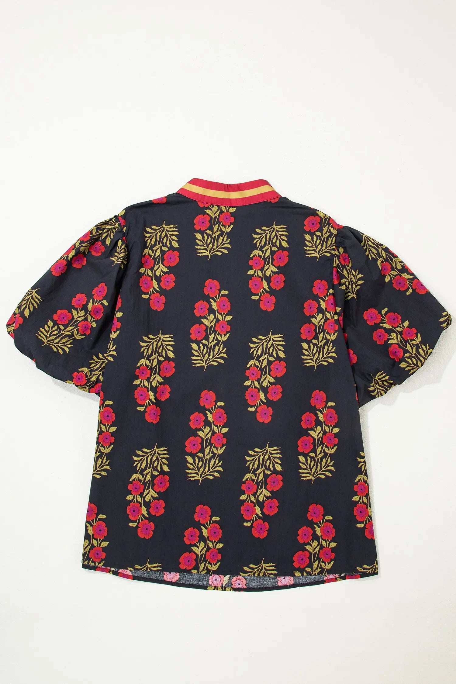 Plus size floral ricrac trim cotton blouse puff sleeve v neck colourblock blouses