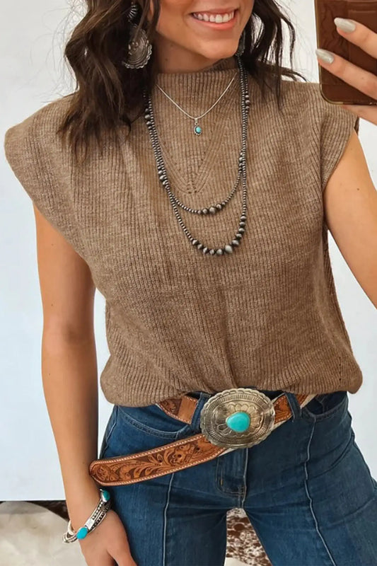 Ribbed knit mock neck sweater vest sleeveless loose fit light french beige sweaters