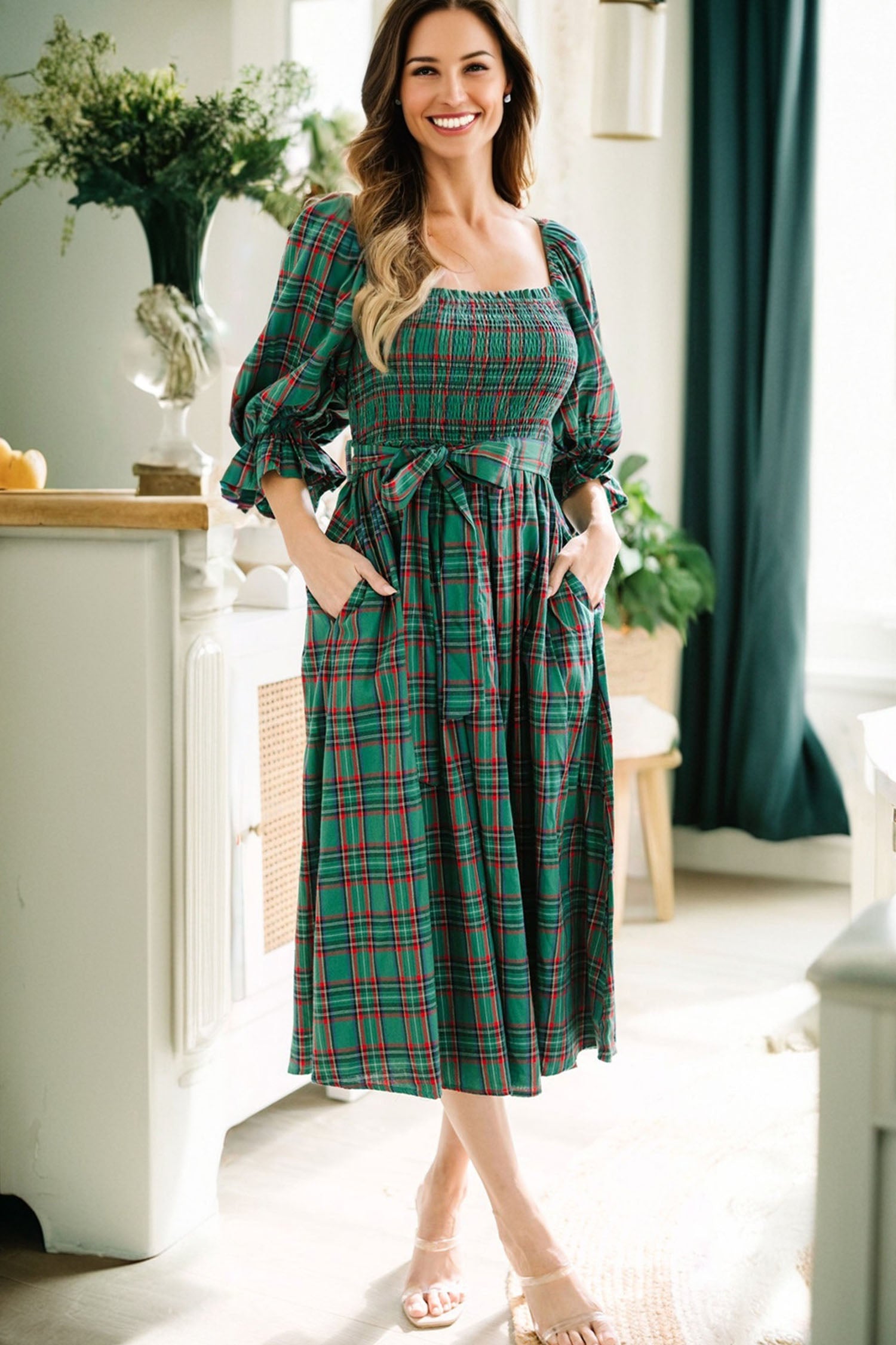 Red Green Tartan Plaid Flared Midi Dress