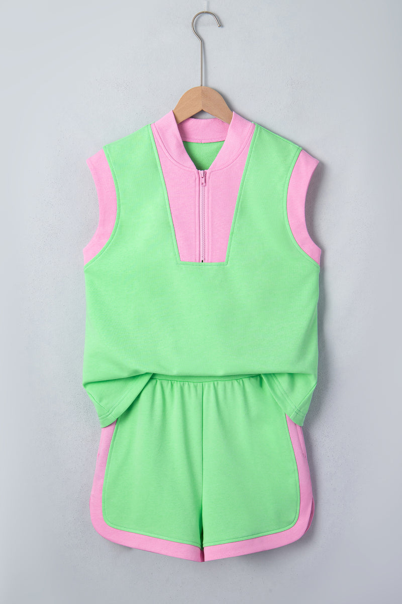 Green Colourblock Half Zip Athleisure Top & Shorts Set