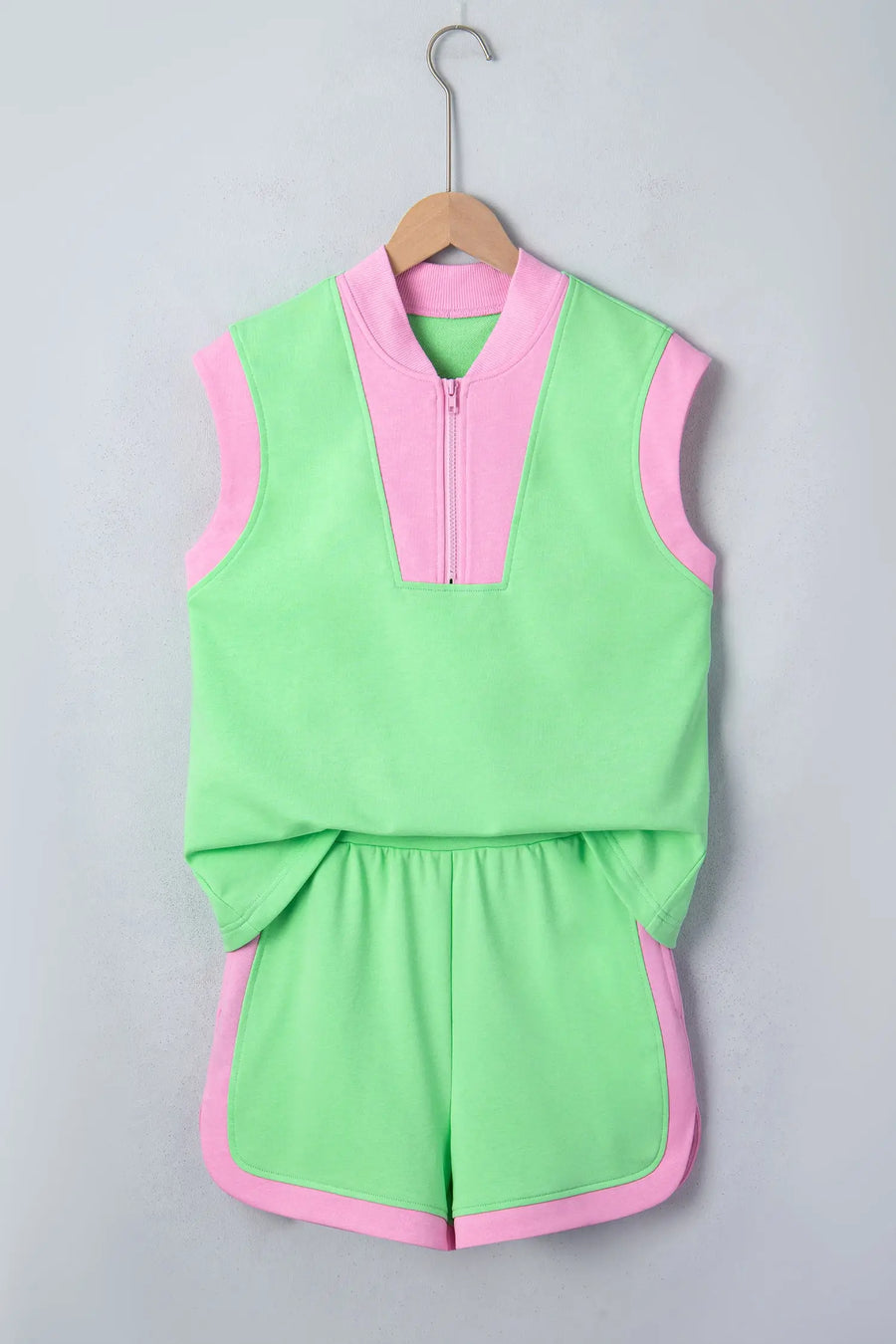 Green colourblock half zip athleisure top and shorts set back view — Fashionfitz UK