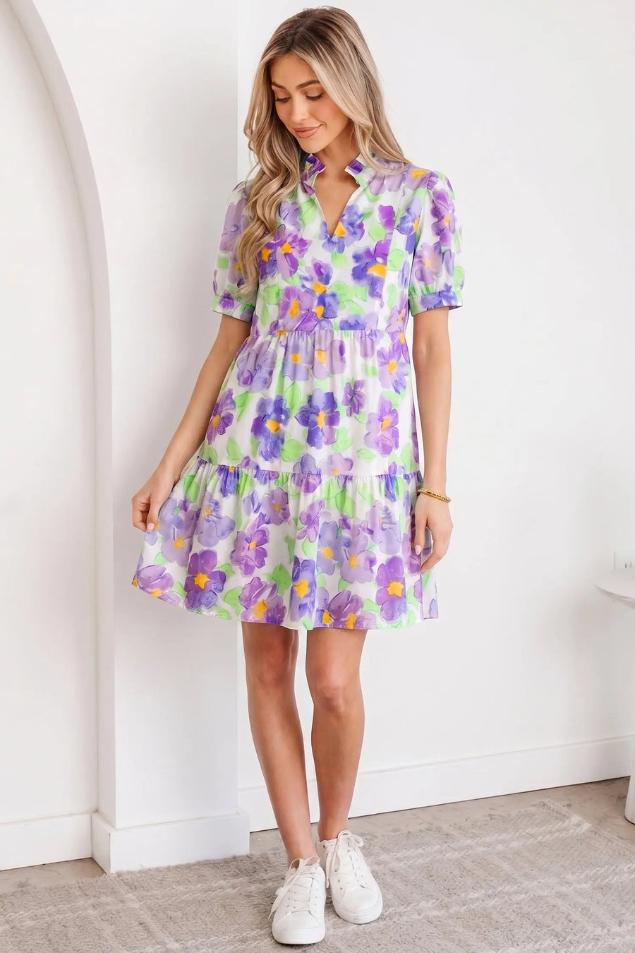 Purple Floral V Neck Short Sleeve Tiered Ruffle Mini Dress Women UK