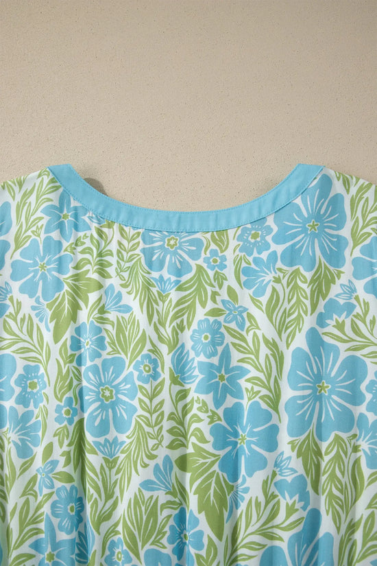 Sky blue floral print high waist ruffle short sleeve mini dress