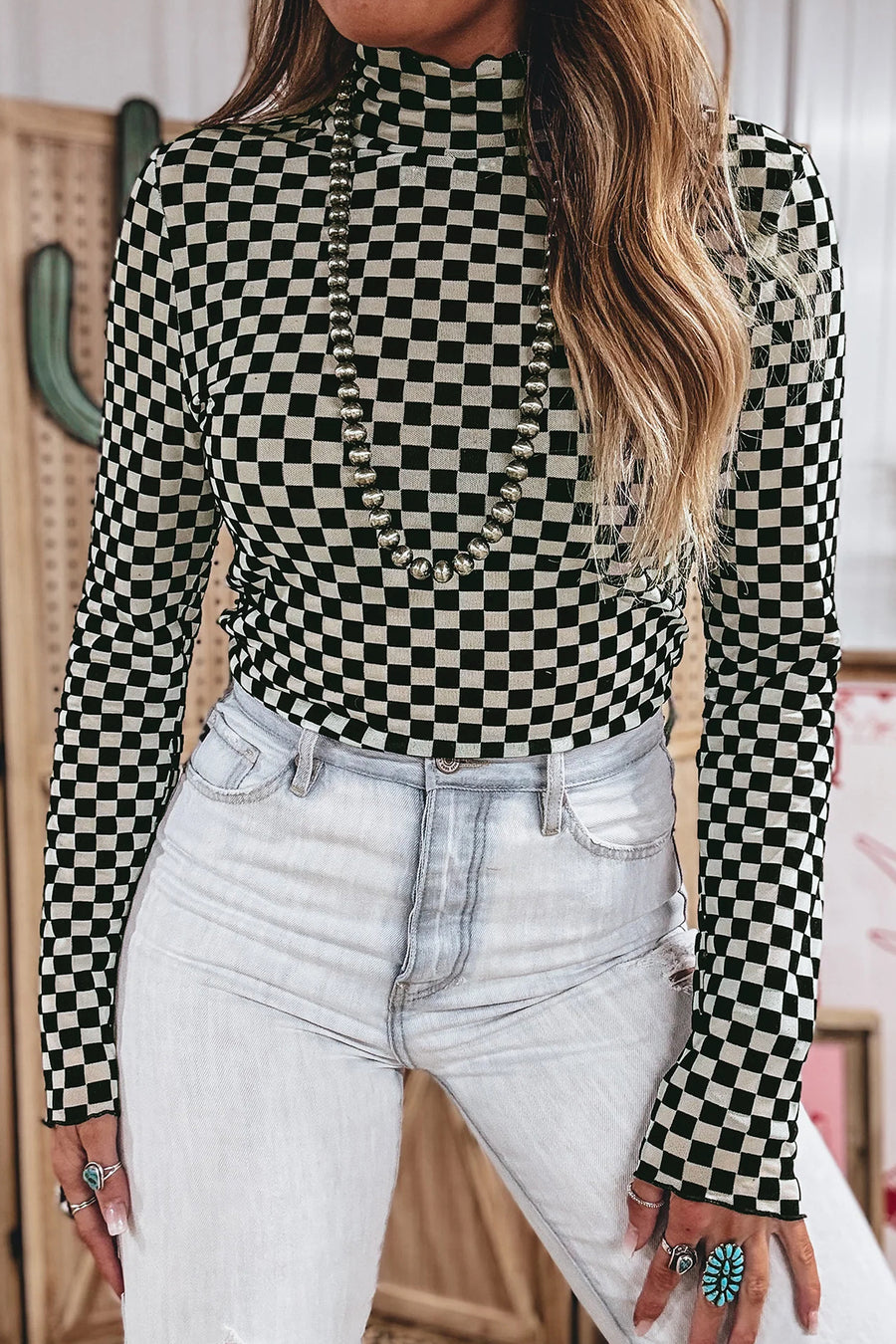 Plaid Stand Neck Long Sleeve Mesh Top Women UK
