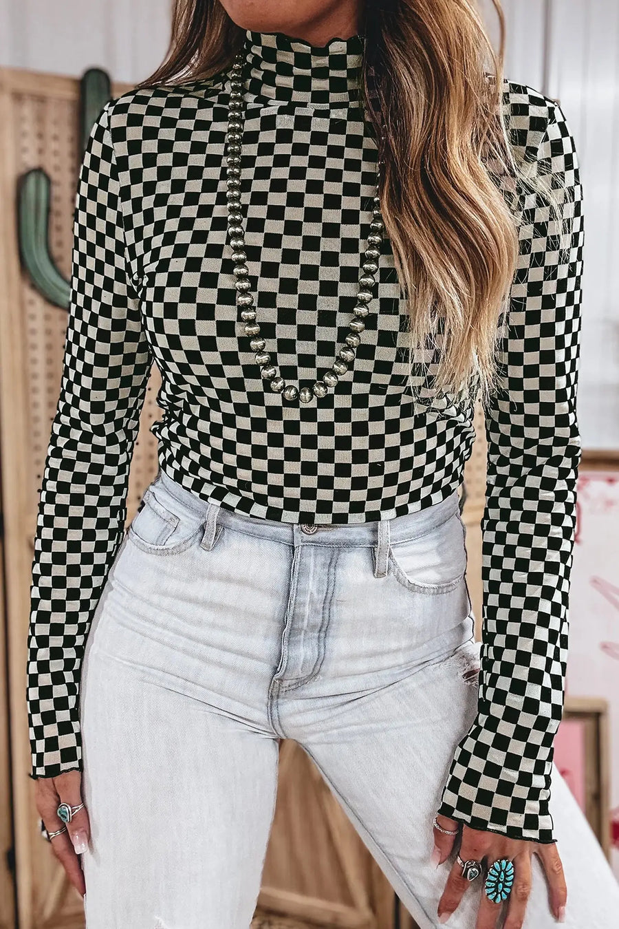 Plaid Stand Neck Long Sleeve Mesh Top Women UK — angled view | Fashionfitz UK