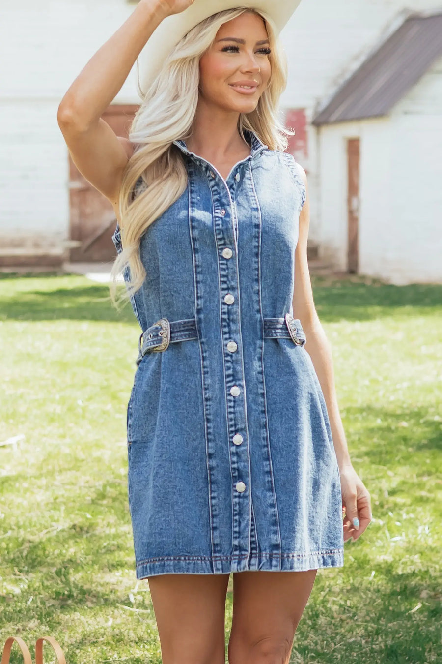 denim dress belt I Love Country Mini - Medium Wash, Large | Hazel and Olive featuring a structured collared neckline Denim Rhinestone Dress with Belt