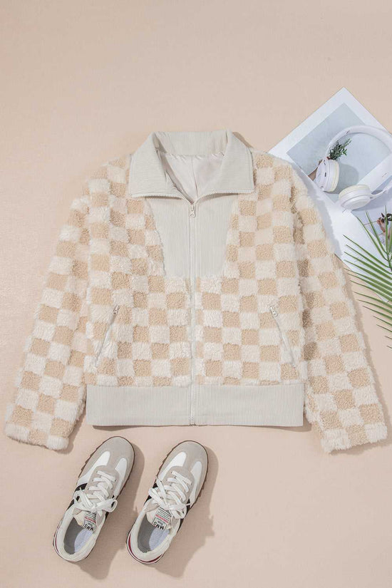 Checkered jacket with sneakers on a beige background