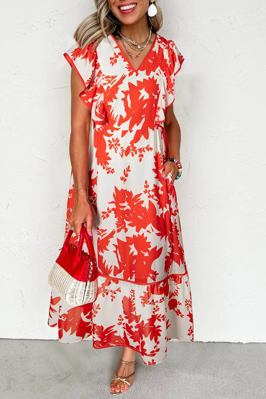 Red Floral Trimmed V Neck Ruffle Sleeve Maxi Dress Women UK