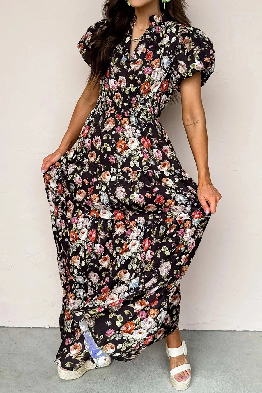 Black Floral V Neck Pleated Tiered Maxi Dress Women UK