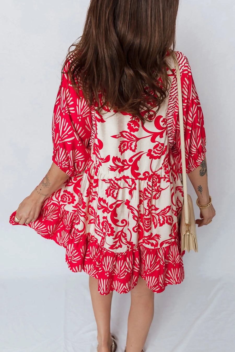 Red Floral Collared V Neck Half Sleeve Loose Mini Dress Women UK — side view