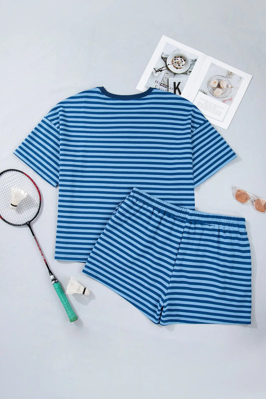 Blue stripe plus size dropped shoulder tee & shorts two-piece set outfit sets