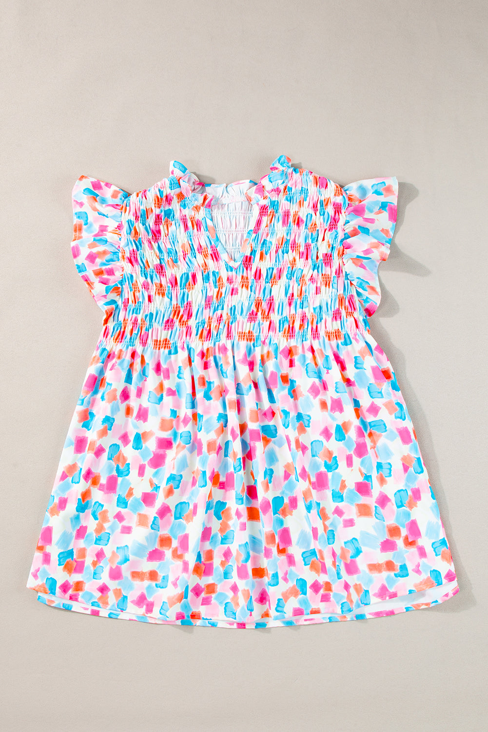 Shirred  Blouse - Ruffled Abstract Print