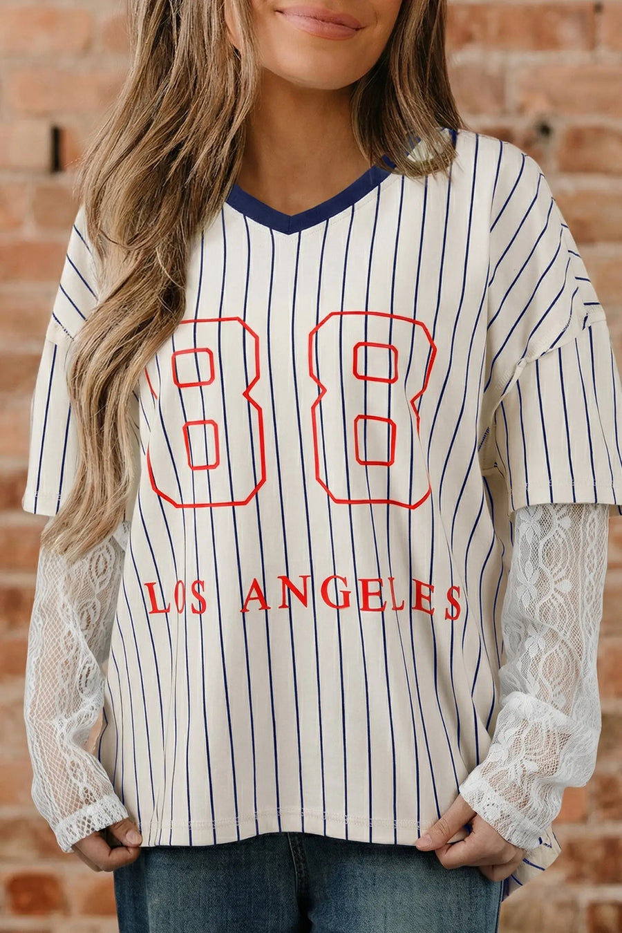 Blue Stripe 88 LOS ANGEL Lace Patchwork V Neck Top Women UK