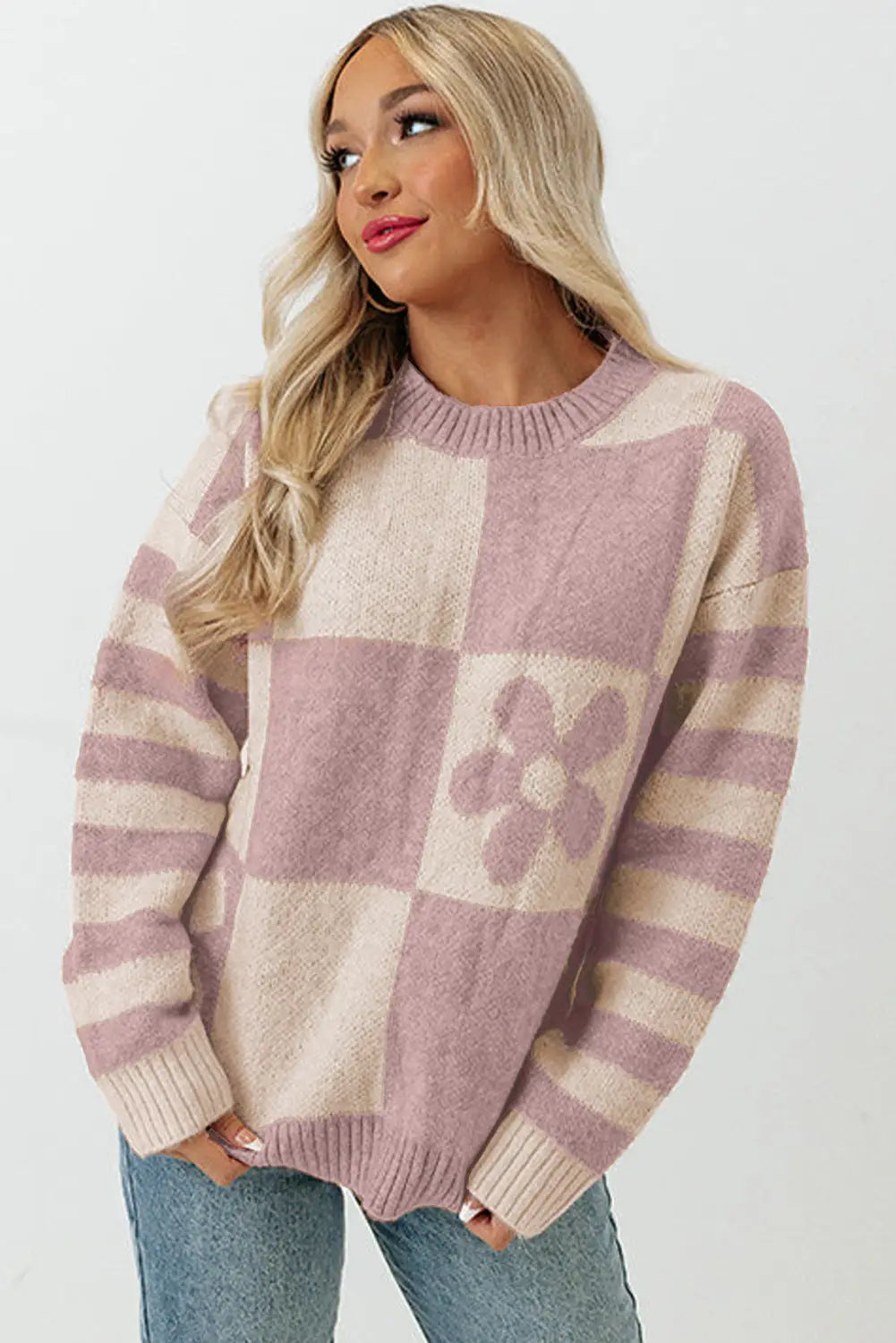Brown checkered floral print striped sleeve sweater