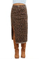 Isolated front view of Leopard Denim Midi Skirt - Summer Fashion by FashionFitz showing high slit and rugged hemline.