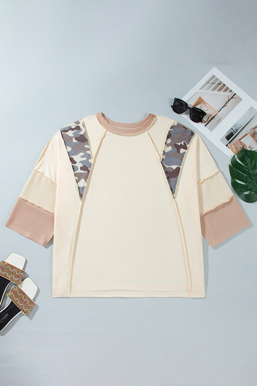 Plus Size Camo Panel Twist Sleeve Loose Blouse Women UK