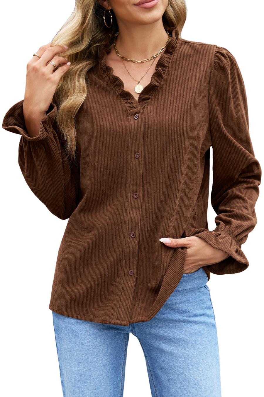 Ruffle Trim V-Neck Corduroy Shacket