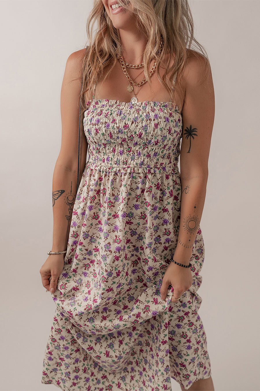 Multicolour Bohemian Ditsy Floral Smocked Fit Flare Sundress Women UK
