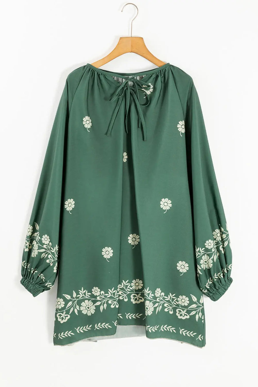 Mist Green Tie Neck Puff Sleeve Boho Floral Shift Dress Women UK