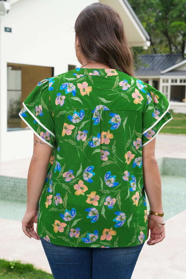 Back view of ruffled short sleeve floral plus size top